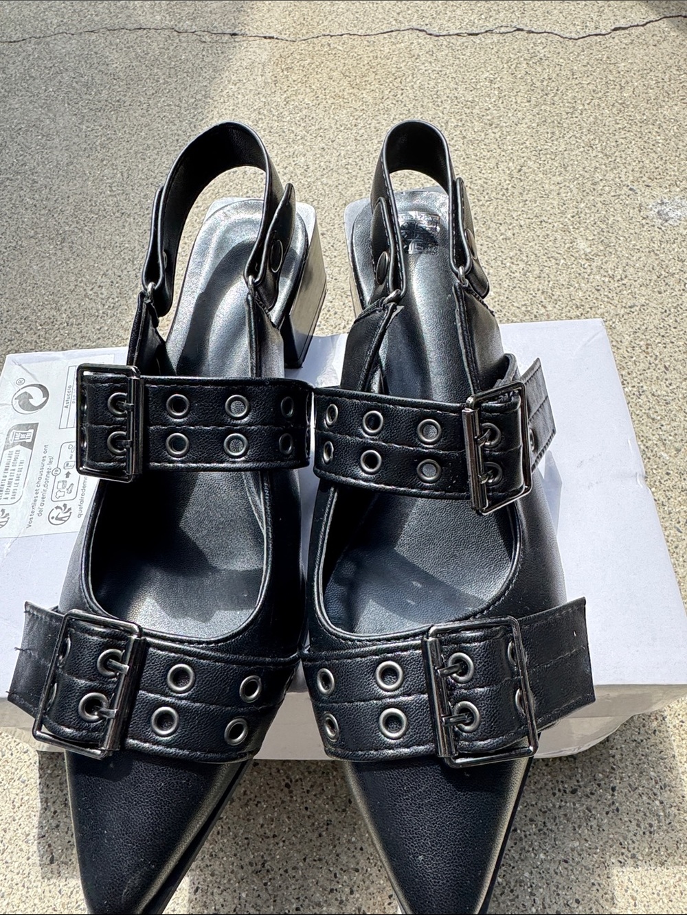 Black Pointed Slingback Mules with Buckle and Eyelet Detail